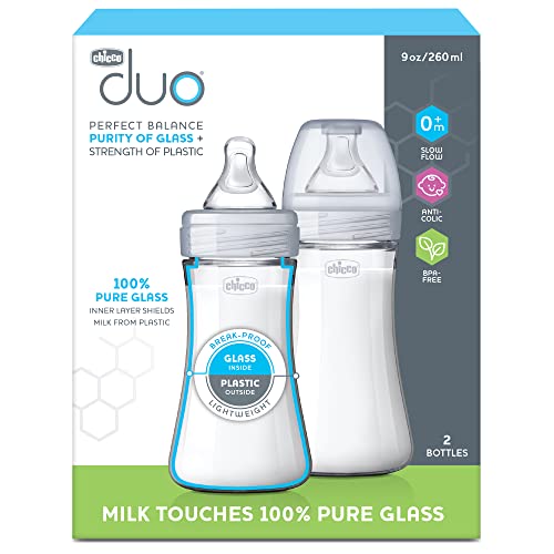 Chicco Duo 9oz. Hybrid Baby Bottle with Invinci-Glass Inside/Plastic Outside 2 Count (Pack of 1) with Slow Flow Anti-Colic Nipple - Clear/Grey