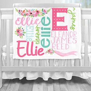 Monogram Junkie Personalized Baby Blanket for Girls with Name | Floral Custom Baby Blanket | Baby Girl Name Blanket | 30x40