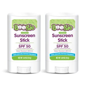 baby sunscreen stick by boogie block, mineral sunscreen spf 50, travel size sunblock for kids, zinc oxide, water resistant, vegan, fragrance free pack of 2