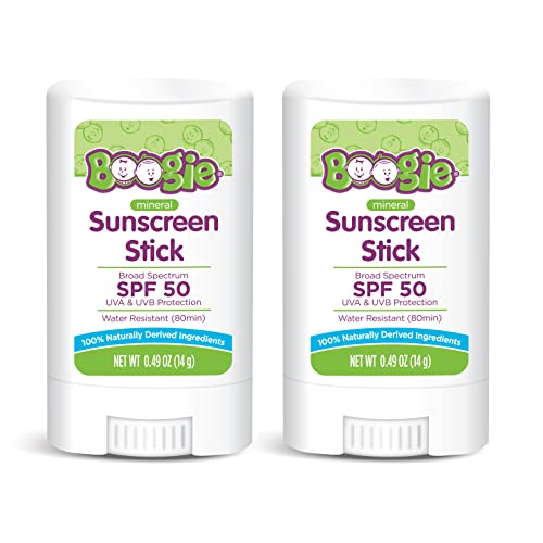 Baby Sunscreen Stick by Boogie Block, Mineral Sunscreen SPF 50, Travel Size Sunblock for Kids, Zinc Oxide, Water Resistant, Vegan, Fragrance Free Pack of 2