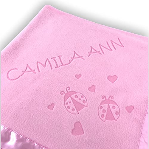 Custom Catch Personalized Girl Pink Baby Blanket Gift with Flower, Ladybug, Bee or Butterfly