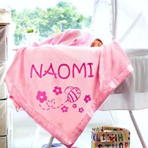 Custom Catch Personalized Girl Pink Baby Blanket Gift with Flower, Ladybug, Bee or Butterfly