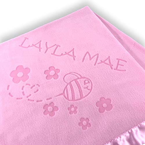 Custom Catch Personalized Girl Pink Baby Blanket Gift with Flower, Ladybug, Bee or Butterfly