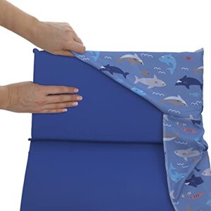 Everything Kids Shark, Fish, Ocean Blue & Grey Preschool Nap Pad Sheet, Blue, Grey, Navy,