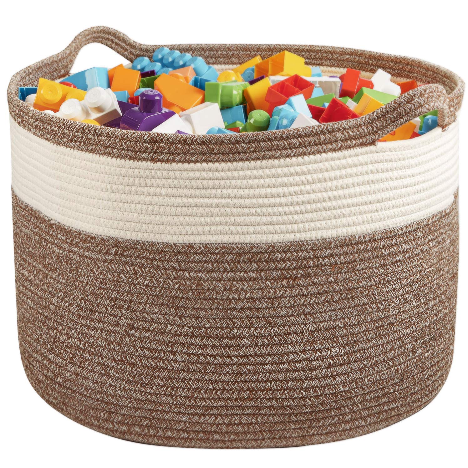 XXL Cotton Rope Basket – 22”W x 14”H – Off-White and Brown - Extra Large Multipurpose Blanket Storage Basket Organizer – Ideal for Baby Nursery, Toys, Towels, Laundry Bin