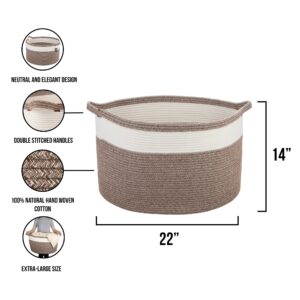 XXL Cotton Rope Basket – 22”W x 14”H – Off-White and Brown - Extra Large Multipurpose Blanket Storage Basket Organizer – Ideal for Baby Nursery, Toys, Towels, Laundry Bin