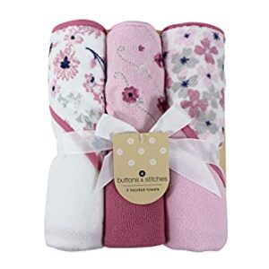 Cudlie Buttons & Stitches Baby Girl 3 Pack Rolled/Carded Hooded Towels in Crisp Blossom Print (GS71728)