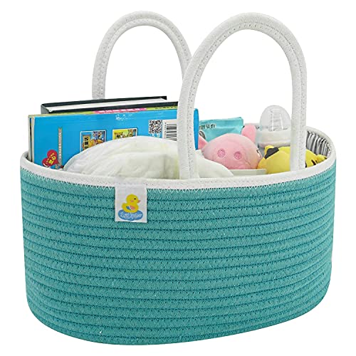 LittleXplorer Baby Diaper Caddy Organizer - 3 Pockets for Nursery Items - Portable Diaper Storage Tote Bag for Changing Table and Car - Boy Girl Travelling Caddy - Rope Design 100% Cotton (Turquoise)