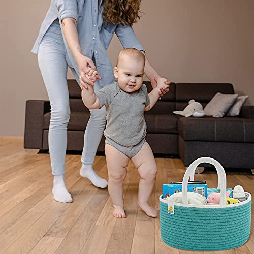 LittleXplorer Baby Diaper Caddy Organizer - 3 Pockets for Nursery Items - Portable Diaper Storage Tote Bag for Changing Table and Car - Boy Girl Travelling Caddy - Rope Design 100% Cotton (Turquoise)