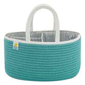 LittleXplorer Baby Diaper Caddy Organizer - 3 Pockets for Nursery Items - Portable Diaper Storage Tote Bag for Changing Table and Car - Boy Girl Travelling Caddy - Rope Design 100% Cotton (Turquoise)