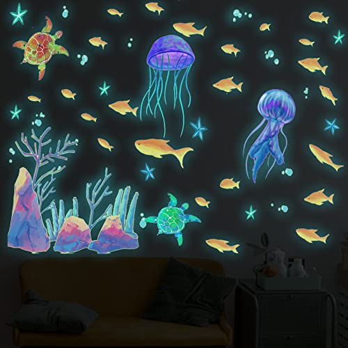 Glow in The Dark Sea Wall Decals, EsLuker.ly Ocean Theme Fluorescent Stickers Luminous Fish Turtle Jellyfish Wall Decor Underwater Sea World Wall Art for Kids Bedroom Nursery Decoration (Coral)