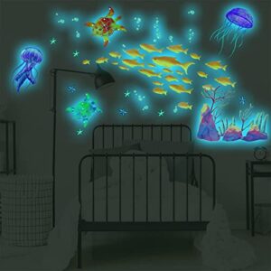 Glow in The Dark Sea Wall Decals, EsLuker.ly Ocean Theme Fluorescent Stickers Luminous Fish Turtle Jellyfish Wall Decor Underwater Sea World Wall Art for Kids Bedroom Nursery Decoration (Coral)