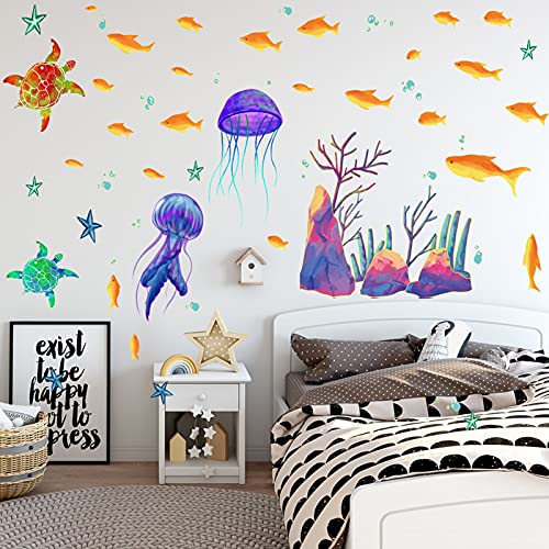 Glow in The Dark Sea Wall Decals, EsLuker.ly Ocean Theme Fluorescent Stickers Luminous Fish Turtle Jellyfish Wall Decor Underwater Sea World Wall Art for Kids Bedroom Nursery Decoration (Coral)