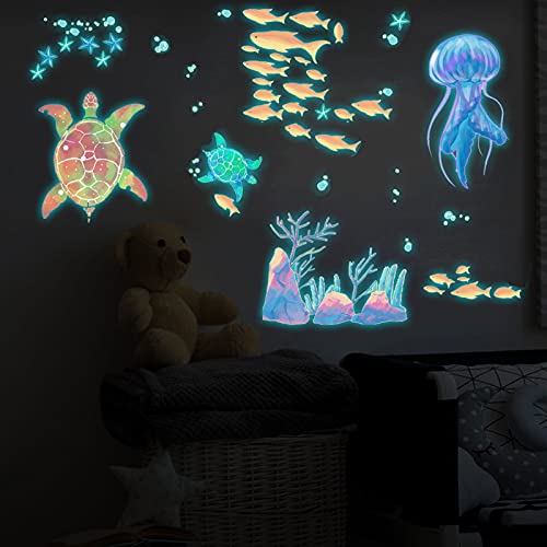 Glow in The Dark Sea Wall Decals, EsLuker.ly Ocean Theme Fluorescent Stickers Luminous Fish Turtle Jellyfish Wall Decor Underwater Sea World Wall Art for Kids Bedroom Nursery Decoration (Coral)