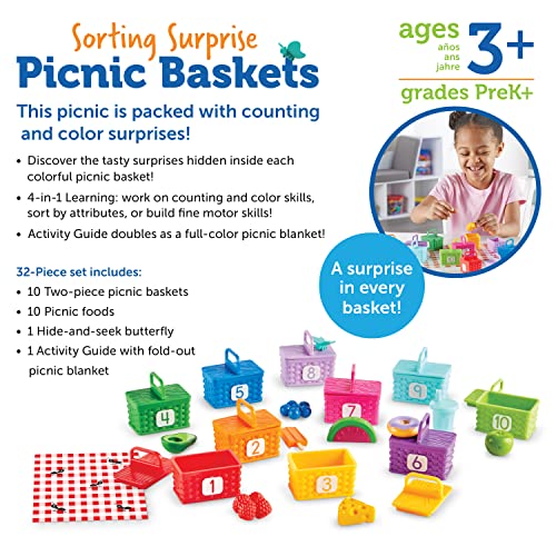 Learning Resources Sorting Surprise Picnic Baskets, Toddler Sorting & Matching Skills Toy, Fine Motor Skills, Preschool Educational Toys, 32 Pieces, Ages 3+