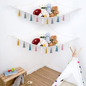 Mkono Stuffed Animal Toys Hammock Boho Hanging Stuff Animals Storage Organizer with Decorative Tassels Corner Large Capability Toy Net Holder for Nursery Playroom Kid's Room Bedroom, 2 Pieces, Small