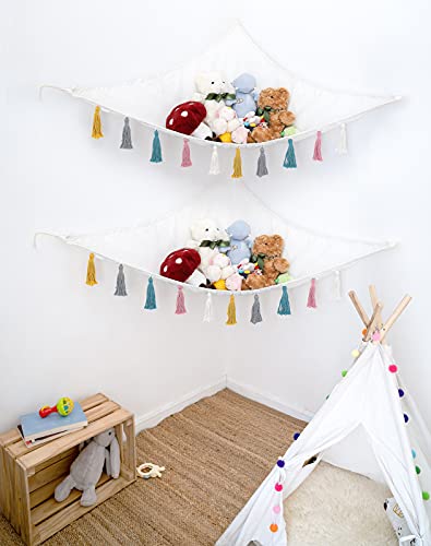 Mkono Stuffed Animal Toys Hammock Boho Hanging Stuff Animals Storage Organizer with Decorative Tassels Corner Large Capability Toy Net Holder for Nursery Playroom Kid's Room Bedroom, 2 Pieces, Small