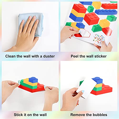 Builders Blocks Wall Sticker Bricks Wall Decal Peel and Stick Building Blocks Wall Decals 4 Colors Bricks Decals for Kids Baby Living Room Nursery Bedroom Classroom Decorations, 3 Sheets