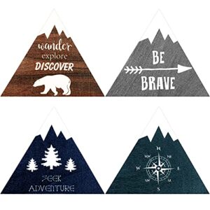 4 pieces inspirational wooden nursery decor mountain decor wall sign rustic nature forest woodland adventure motivational wooden hanging decor with hook for baby bedroom nursery decor (classic colors)