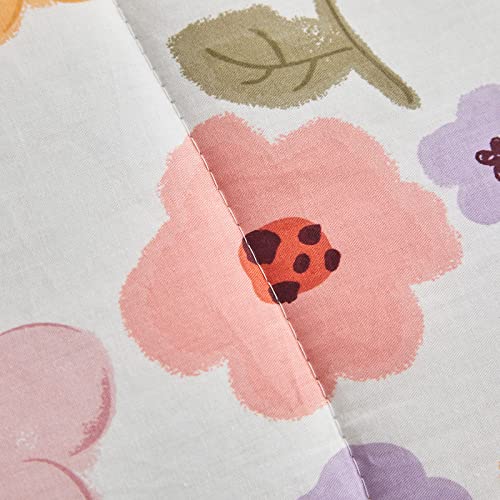 Cotton 4 Pieces Pink Flowers Toddler Bedding Set with Pink Orange Purple Flowers Includes Adorable Quilted Floral Comforter, Pink Fitted Sheet, Top Sheet, and Pillow Case for Boys Girls