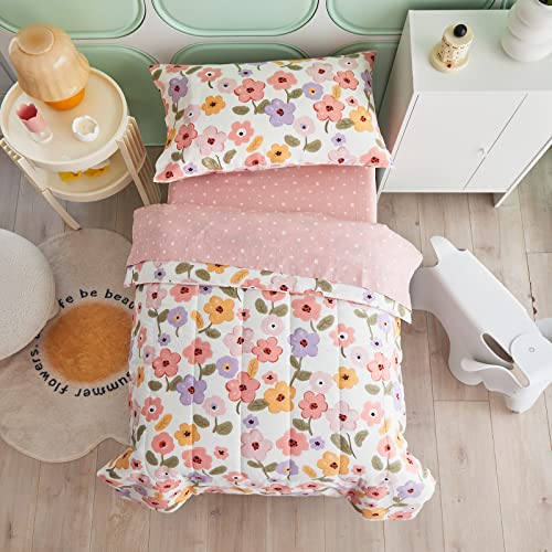 Cotton 4 Pieces Pink Flowers Toddler Bedding Set with Pink Orange Purple Flowers Includes Adorable Quilted Floral Comforter, Pink Fitted Sheet, Top Sheet, and Pillow Case for Boys Girls