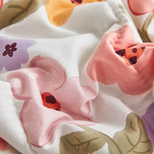 Cotton 4 Pieces Pink Flowers Toddler Bedding Set with Pink Orange Purple Flowers Includes Adorable Quilted Floral Comforter, Pink Fitted Sheet, Top Sheet, and Pillow Case for Boys Girls