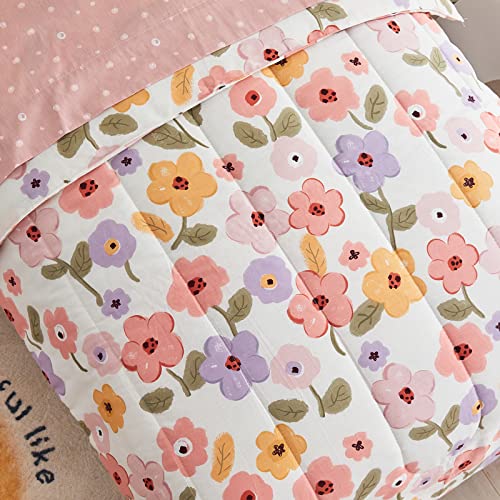 Cotton 4 Pieces Pink Flowers Toddler Bedding Set with Pink Orange Purple Flowers Includes Adorable Quilted Floral Comforter, Pink Fitted Sheet, Top Sheet, and Pillow Case for Boys Girls