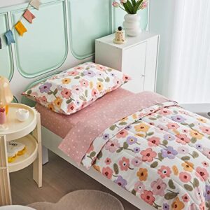 Cotton 4 Pieces Pink Flowers Toddler Bedding Set with Pink Orange Purple Flowers Includes Adorable Quilted Floral Comforter, Pink Fitted Sheet, Top Sheet, and Pillow Case for Boys Girls