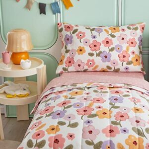 Cotton 4 Pieces Pink Flowers Toddler Bedding Set with Pink Orange Purple Flowers Includes Adorable Quilted Floral Comforter, Pink Fitted Sheet, Top Sheet, and Pillow Case for Boys Girls
