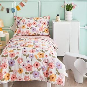 Cotton 4 Pieces Pink Flowers Toddler Bedding Set with Pink Orange Purple Flowers Includes Adorable Quilted Floral Comforter, Pink Fitted Sheet, Top Sheet, and Pillow Case for Boys Girls