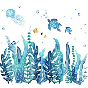 5 sheets 3d under the sea seaweed wall decals sea turtles wall stickers ocean grass jellyfish fish removable vinyl wall sticker for kids baby bedroom bathroom living room wall decor (classic style)
