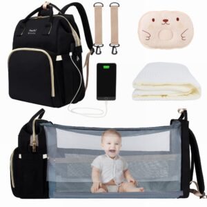 paurfu updated 8-in-1 diaper bag backpack, multifunctional diaper baby bag for mom dad with bassinet bed,changing station,soft baby pillow,mosquito net sunshade and usb charge port etc.