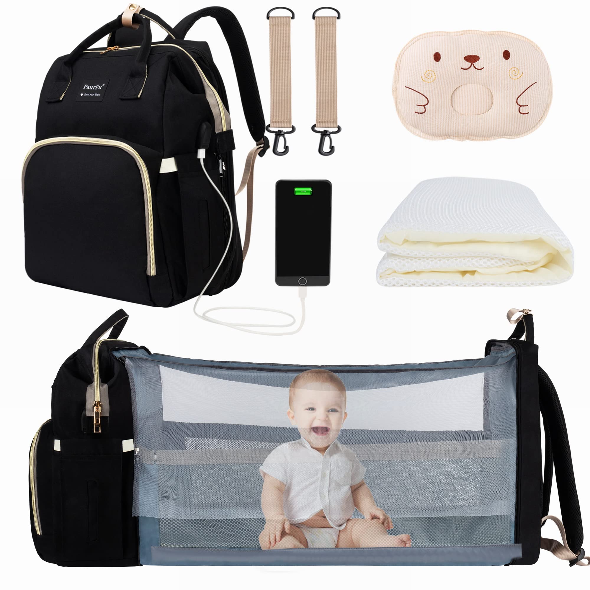 PaurFu Updated 8-in-1 Diaper Bag Backpack, Multifunctional Diaper Baby Bag for Mom Dad with Bassinet Bed,Changing Station,Soft Baby Pillow,Mosquito Net Sunshade and USB Charge Port etc.