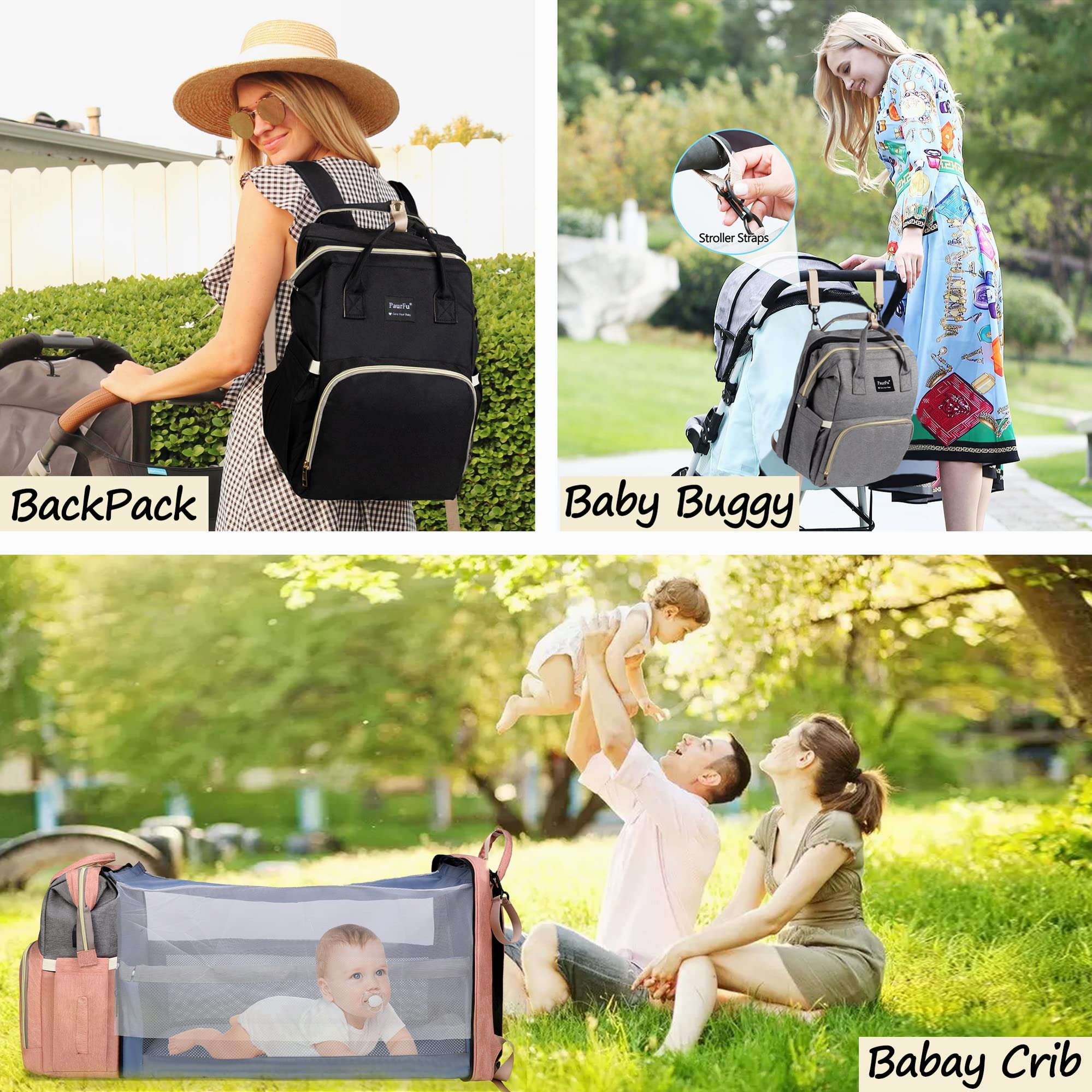 PaurFu Updated 8-in-1 Diaper Bag Backpack, Multifunctional Diaper Baby Bag for Mom Dad with Bassinet Bed,Changing Station,Soft Baby Pillow,Mosquito Net Sunshade and USB Charge Port etc.