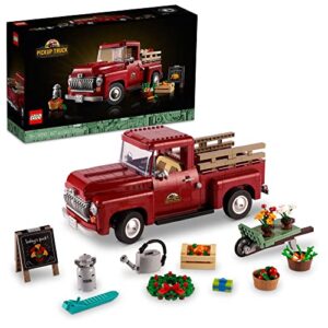 lego icons pickup truck 10290 building set for adults, vintage 1950s model with seasonal display accessories, creative activity, collector's gift idea