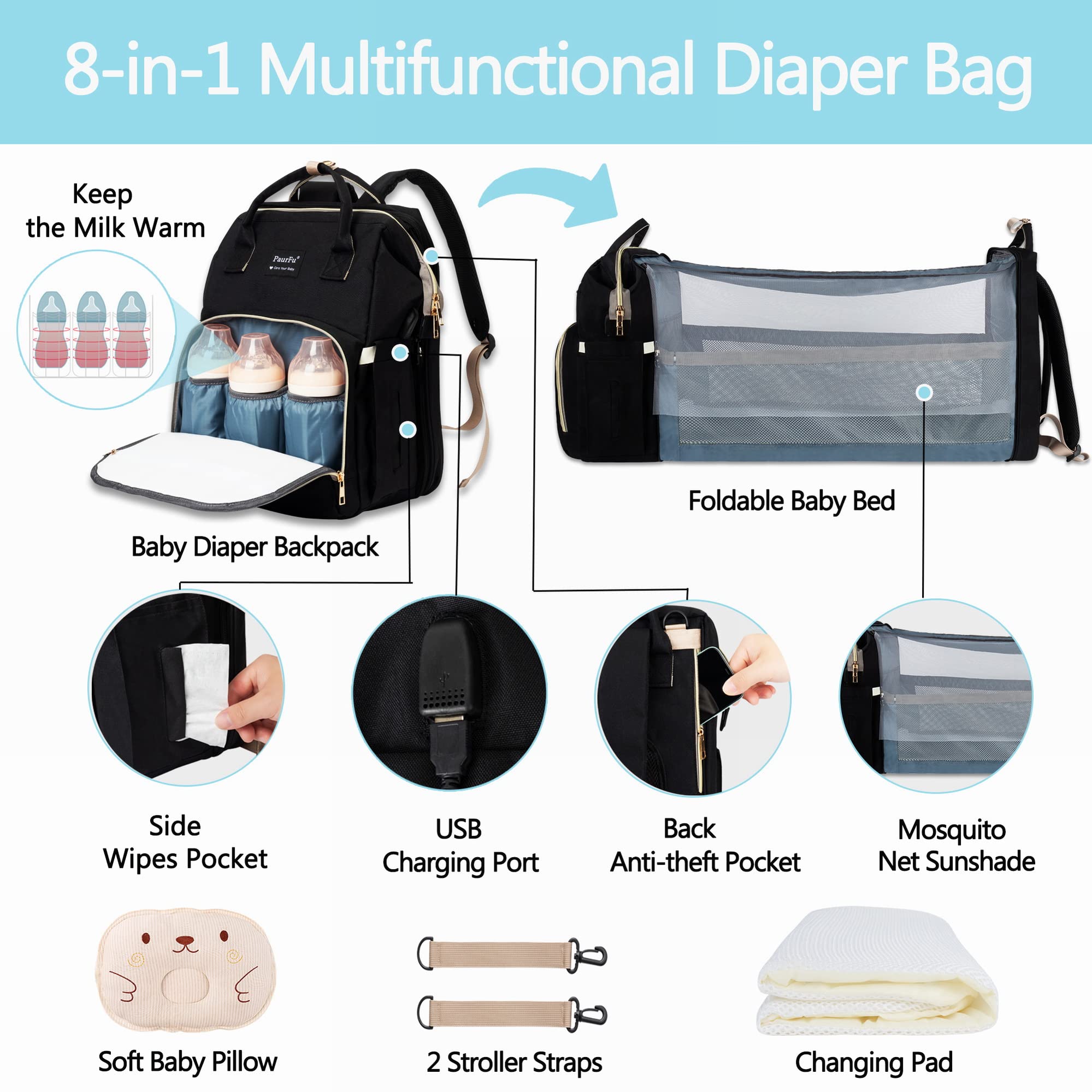 PaurFu Updated 8-in-1 Diaper Bag Backpack, Multifunctional Diaper Baby Bag for Mom Dad with Bassinet Bed,Changing Station,Soft Baby Pillow,Mosquito Net Sunshade and USB Charge Port etc.