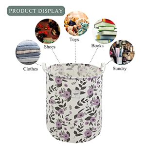 Mziart Collapsible Laundry Basket, Floral Printing Large Laundry Hamper for Baby Girls Kids Toys Clothes Organizer Foldable Storage Bin Waterproof Canvas Nursery Storage Basket with Handles (Purple)