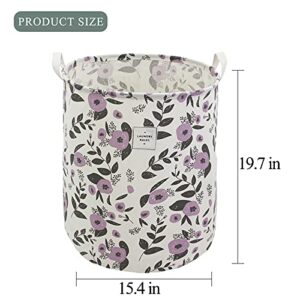 Mziart Collapsible Laundry Basket, Floral Printing Large Laundry Hamper for Baby Girls Kids Toys Clothes Organizer Foldable Storage Bin Waterproof Canvas Nursery Storage Basket with Handles (Purple)