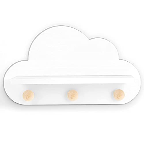 Floating Cloud Shelf for Kids Room or Cloud Decor with Wooden Knobs- Durable, Stylish & Easy Installation, for Kids Nursery & Bedroom Cloud Room Decor, White, 40x23x10 cm