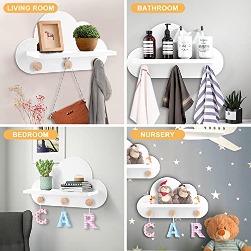 Floating Cloud Shelf for Kids Room or Cloud Decor with Wooden Knobs- Durable, Stylish & Easy Installation, for Kids Nursery & Bedroom Cloud Room Decor, White, 40x23x10 cm