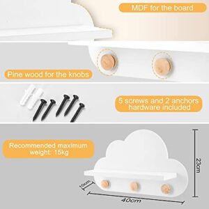 Floating Cloud Shelf for Kids Room or Cloud Decor with Wooden Knobs- Durable, Stylish & Easy Installation, for Kids Nursery & Bedroom Cloud Room Decor, White, 40x23x10 cm