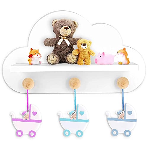 Floating Cloud Shelf for Kids Room or Cloud Decor with Wooden Knobs- Durable, Stylish & Easy Installation, for Kids Nursery & Bedroom Cloud Room Decor, White, 40x23x10 cm