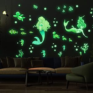 MESU Glow in The Dark Mermaid Wall Decals Sea Turtle Luminous Sticker Seahorse Ceiling Decor for Girls Room Nursery Mermaid