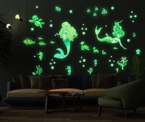 MESU Glow in The Dark Mermaid Wall Decals Sea Turtle Luminous Sticker Seahorse Ceiling Decor for Girls Room Nursery Mermaid