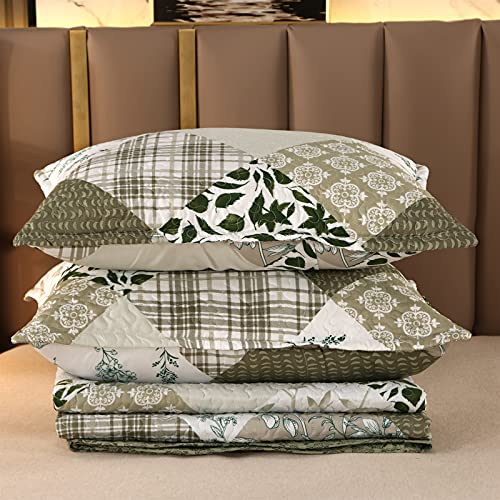 VINILITE Soft Reversible Quilt Set Queen Size, 3 Piece Microfiber Checkered Patchwork Quilted Bedspread Coverlet Bedding Set for All Season with 2 Pillow Shams, Leaf Plant Pattern Stitching, Green