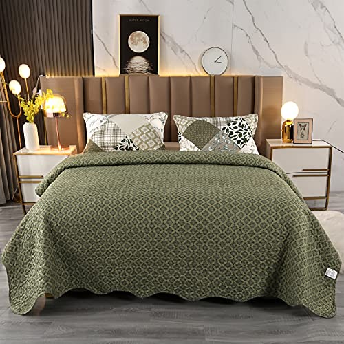 VINILITE Soft Reversible Quilt Set Queen Size, 3 Piece Microfiber Checkered Patchwork Quilted Bedspread Coverlet Bedding Set for All Season with 2 Pillow Shams, Leaf Plant Pattern Stitching, Green