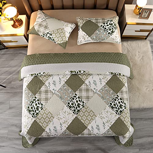 VINILITE Soft Reversible Quilt Set Queen Size, 3 Piece Microfiber Checkered Patchwork Quilted Bedspread Coverlet Bedding Set for All Season with 2 Pillow Shams, Leaf Plant Pattern Stitching, Green