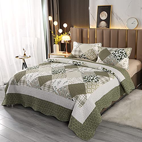 VINILITE Soft Reversible Quilt Set Queen Size, 3 Piece Microfiber Checkered Patchwork Quilted Bedspread Coverlet Bedding Set for All Season with 2 Pillow Shams, Leaf Plant Pattern Stitching, Green