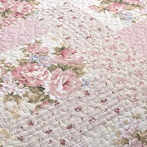 Chezmoi Collection Rosy 3-Piece Printed Patchwork Cotton Quilt Set - Pink Flower Floral Striped Polka Dots - Stone Washed Lightweight Bedspread, Queen Size