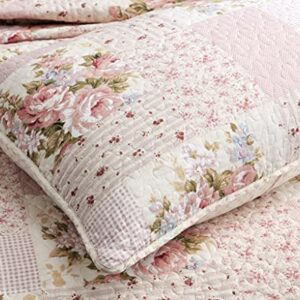 Chezmoi Collection Rosy 3-Piece Printed Patchwork Cotton Quilt Set - Pink Flower Floral Striped Polka Dots - Stone Washed Lightweight Bedspread, Queen Size